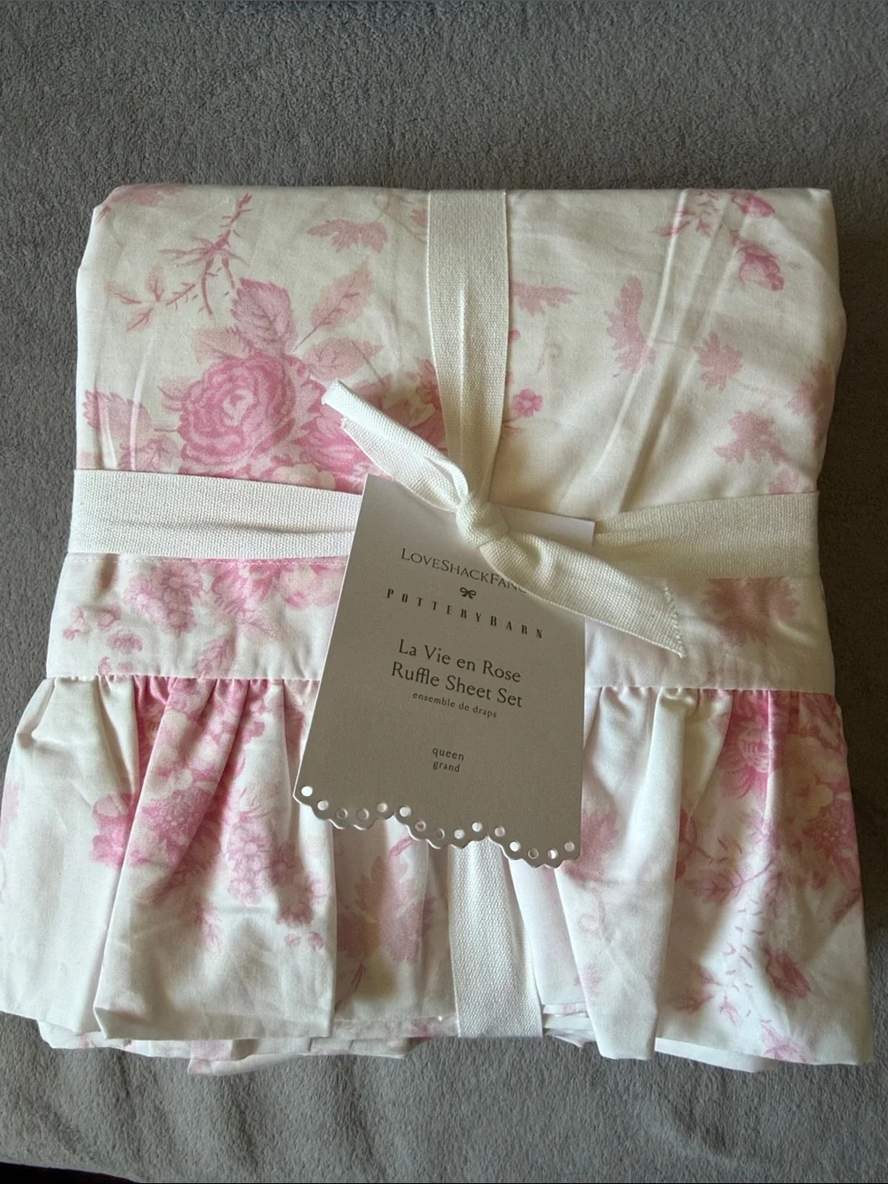 NWT Pottery Barn LoveShackFancy Pink La Vie en Rose Ruffle Sheet Set Queen